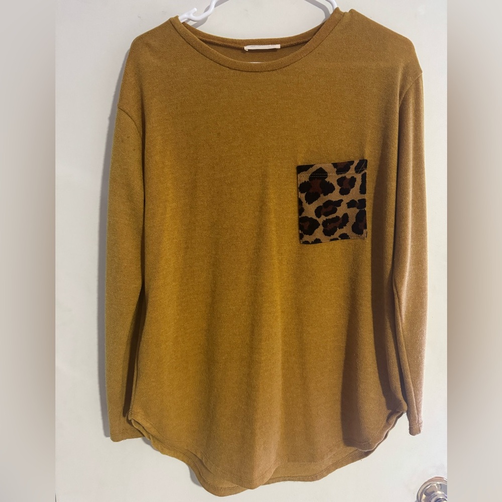 Mustard Long Sleeve Top with Leopard Pocket